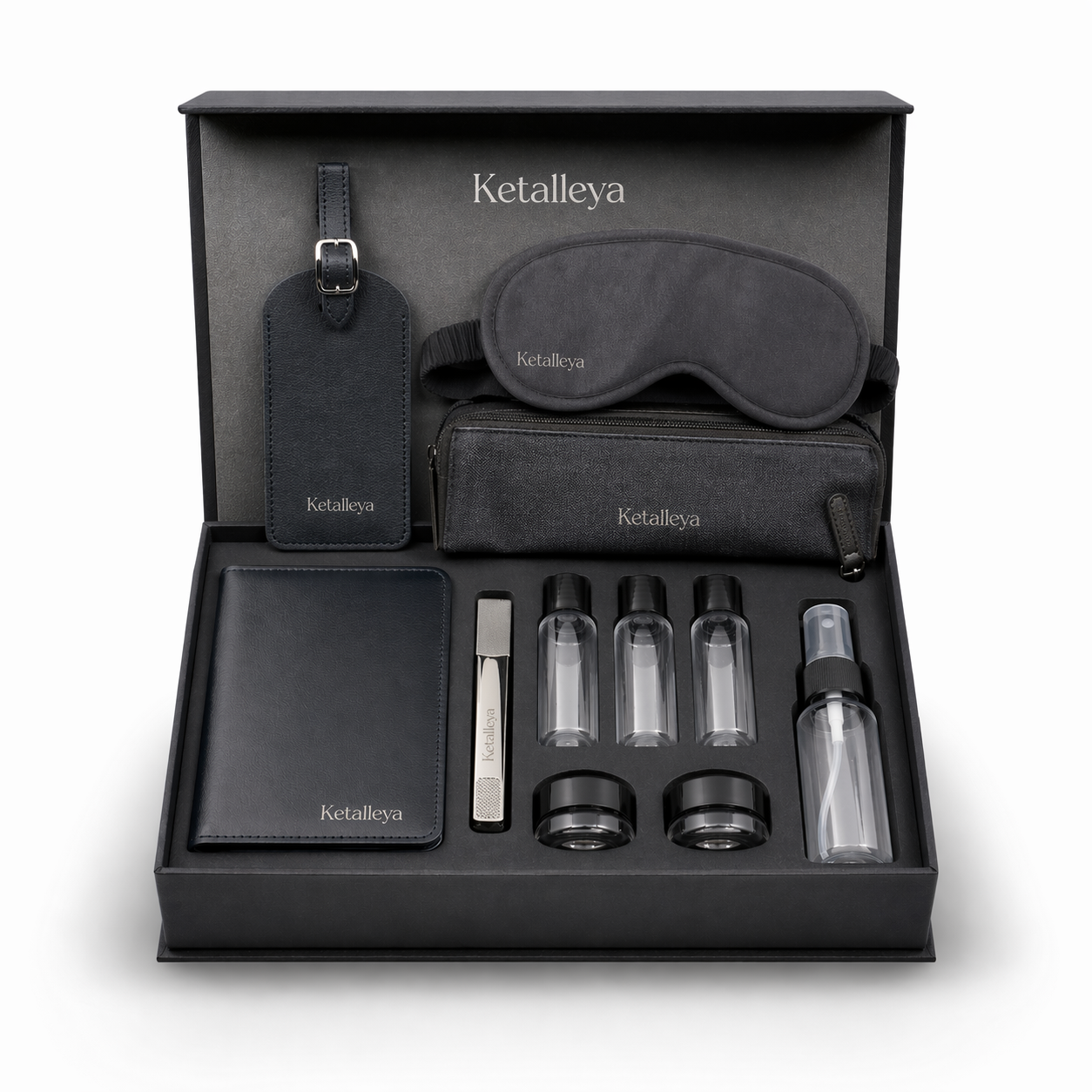 Ketalleya Travel Toiletry Kit Set with Bottles, Cosmetic Jars, Eye Mask, Wallet & Accessories