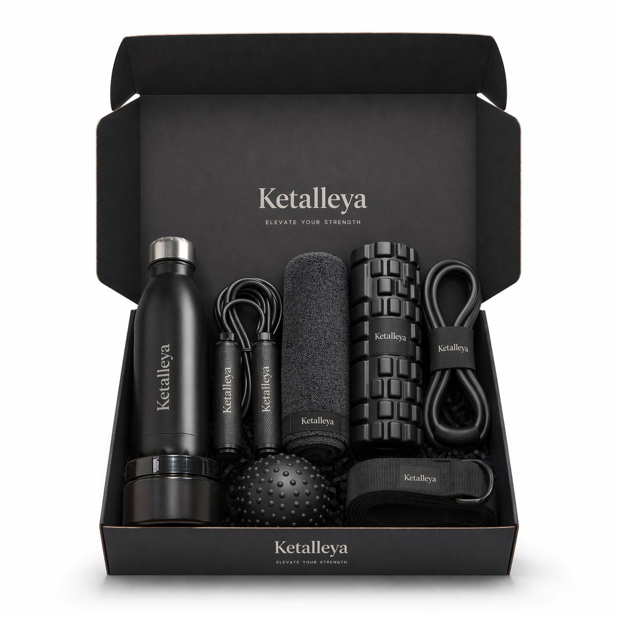 Ketalleya Fitness Workout Kit Set with Water Bottle, Jump Rope, Foam Roller, Resistance Band & Massage Ball