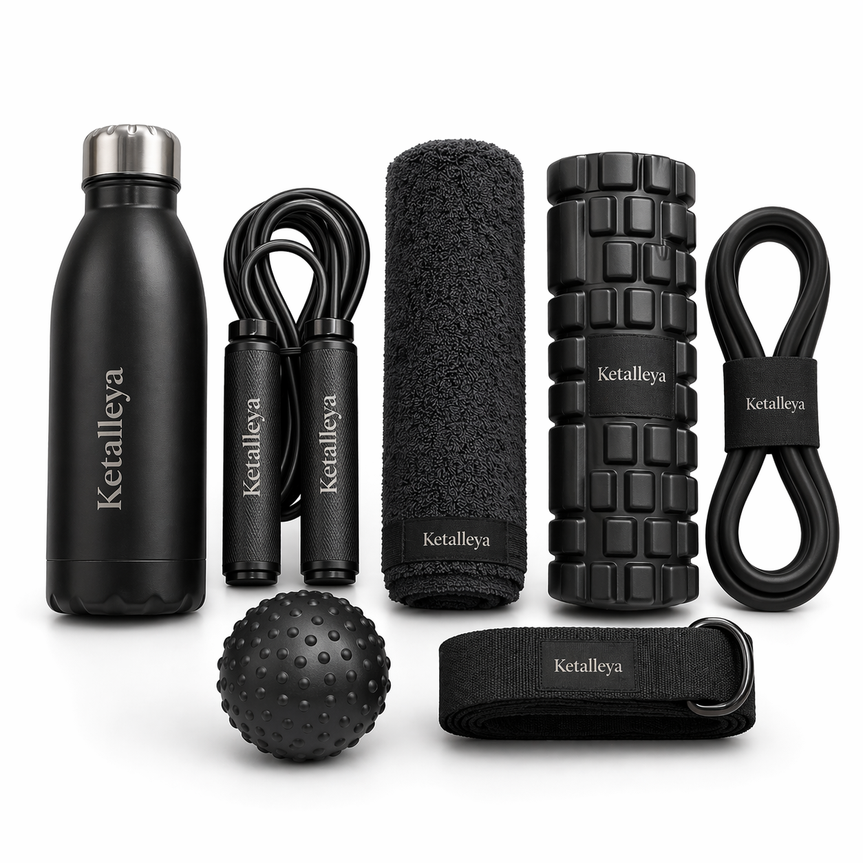 Ketalleya Fitness Workout Kit Set with Water Bottle, Jump Rope, Foam Roller, Resistance Band & Massage Ball - Image 2