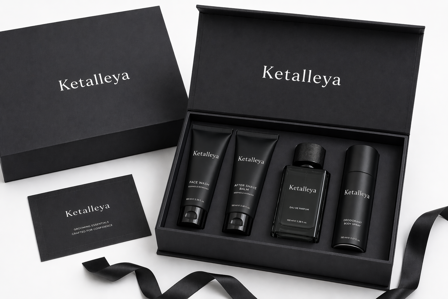 Ketalleya Men’s Grooming Kit Set with Face Wash, After Shave Balm, Eau De Parfum & Deodorant Spray